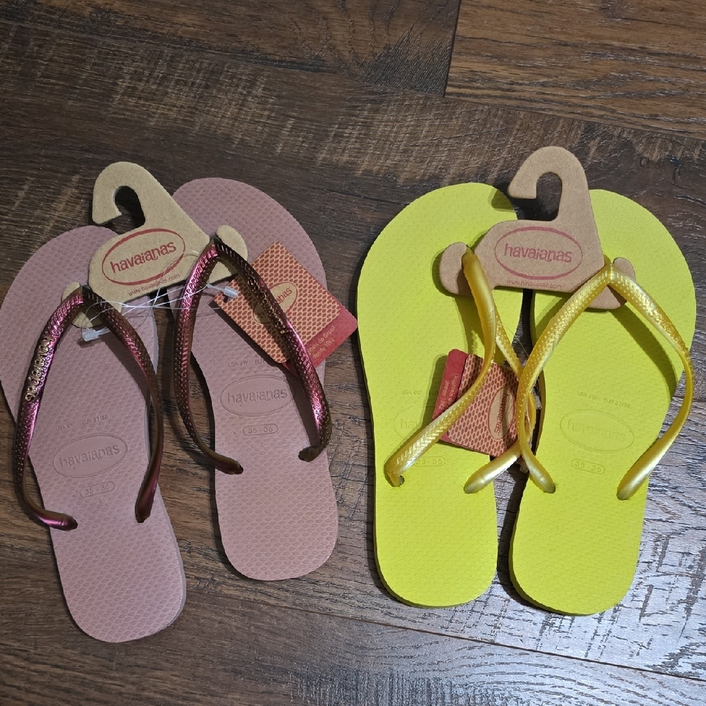 Havaianas Flip Flops - Pink and Neon Yellow Sz 6 - 2 Pairs